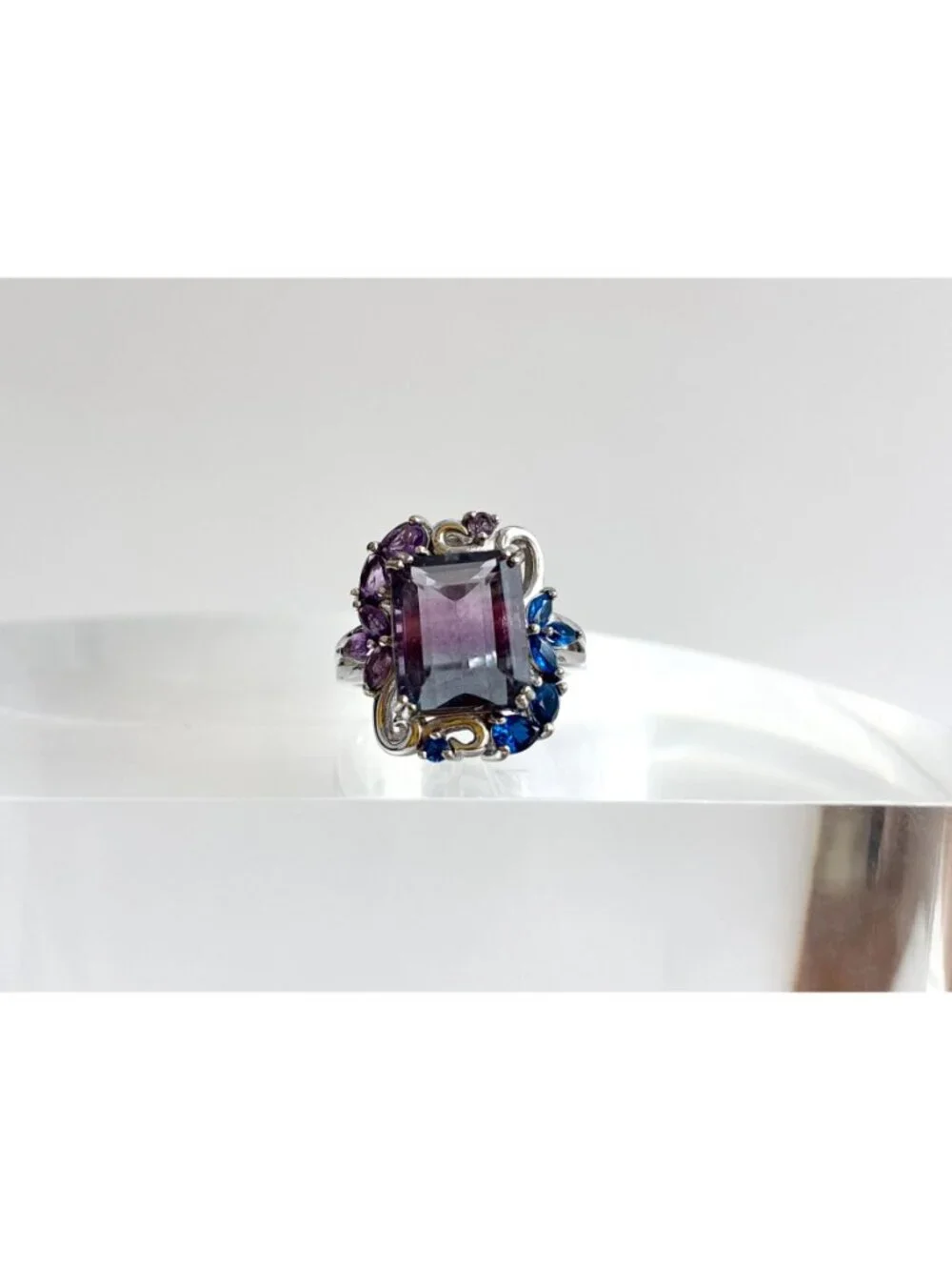 Art Nouveau Inspired Amethyst & Blue Topaz Sterling Silver 925 Vintage Ring sz 8